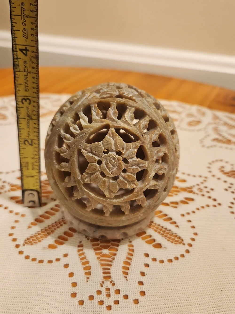 Handcrafted Carved Soapstone Tealight Holder With Floral Cutouts